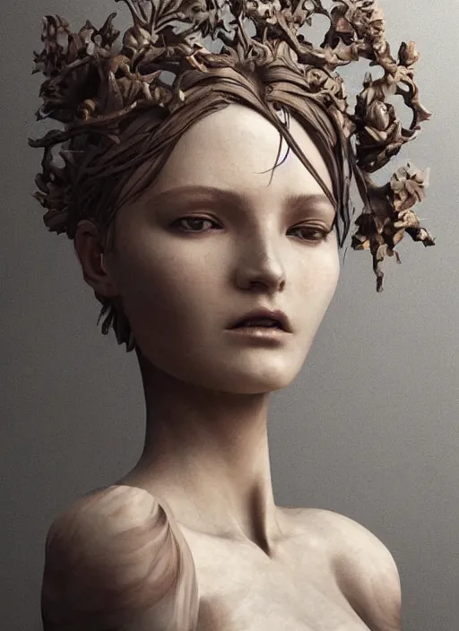 Image similar to sculpture made of wood, portrait, female, future, harper's bazaar, vogue, magazine, intricate, concept art, close up, ornate, luxury, elite, elegant, trending on artstation, by ruan jia, by Kenneth Willardt, by ross tran, by WLOP, by Andrei Riabovitchev,