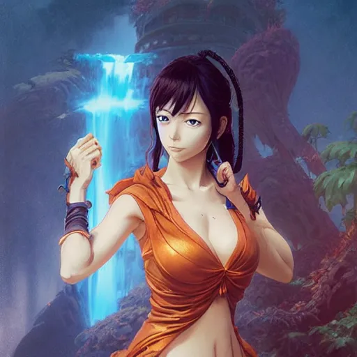 Image similar to highly detailed vfx portrait of nami by eiichiro oda!, stephen bliss, greg rutkowski, loish, rhads, beeple, makoto shinkai, tom bagshaw, alphonse mucha, sharp focus, art by artgerm and greg rutkowski, stanley kubrick, backlit, harsh overhead sunlight,