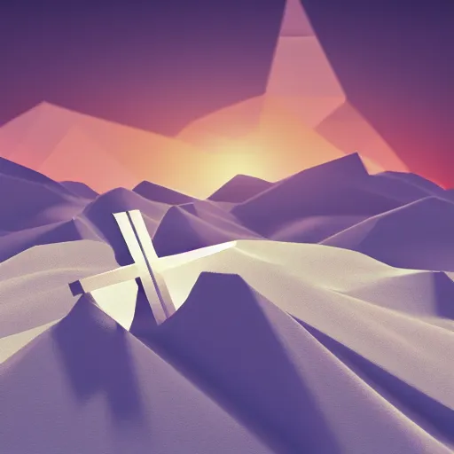 Image similar to isomorphic vector, low poly, white cross icon, on a hill, sunset background, cgsociety, volumetric lighting, artstationhq