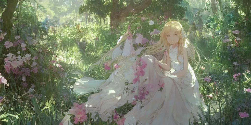 Image similar to a digital art of a loli with long hair in a dress in the privet garden at after noon, green and warm theme, by krenz cushart and mucha and akihito yoshida and greg rutkowski and makoto shinkai, detailed eyes, 4 k resolution 、 trending on art station