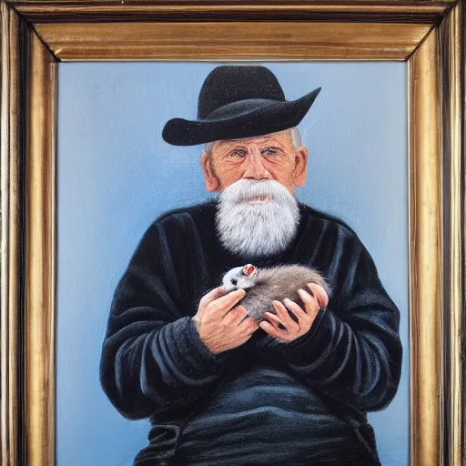 Prompt: A portrait of an old man holding a rat in his hand, dark, blue light, black gradient background, oil painting