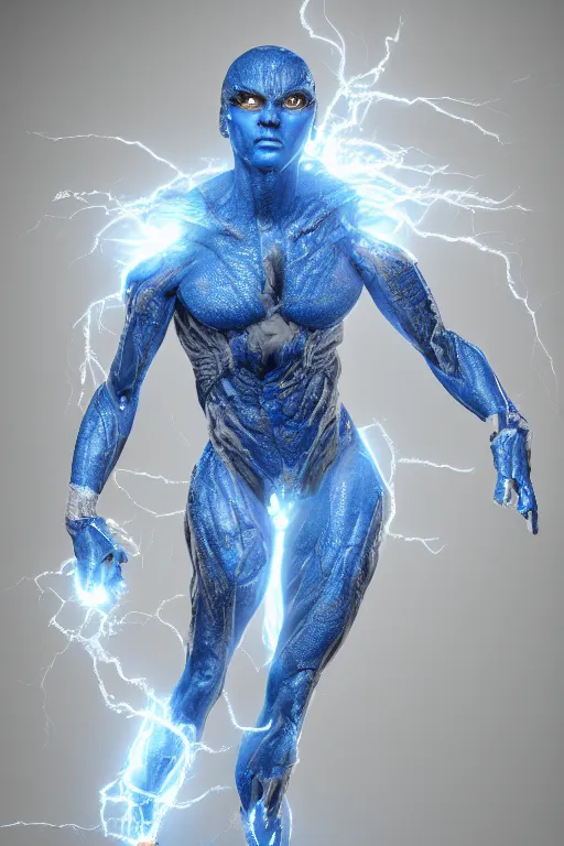 Image similar to photography of a hyper realistic highly detailed stunning expressive humanoid creature, controls complex and highly detailed blue lightning strikes as a super power. professionnal digital art, artstatiom, stuning, intricate, complex, unreal engine 5.