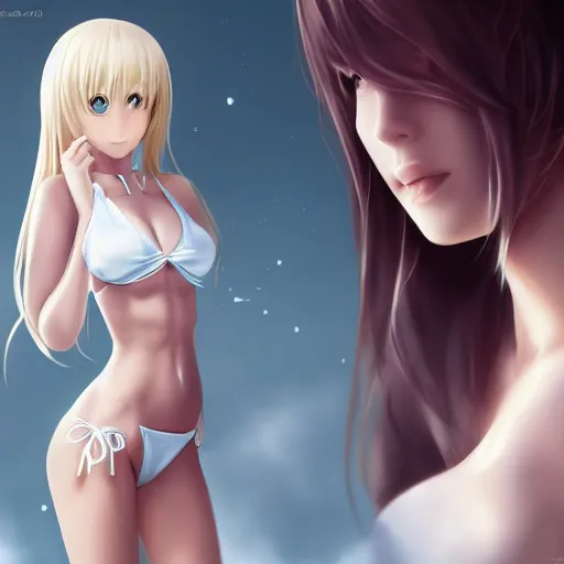 Image similar to tiny father a tall daughter picture : a very beautiful young blond anime girl, sky blue eyes, bikini, white miniskirt, highly detailed, cinematic wallpaper by stanley artgerm lau
