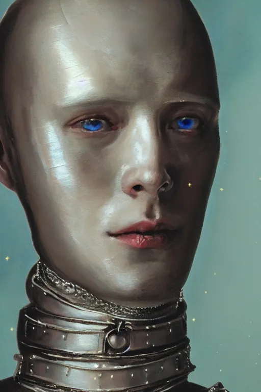 Image similar to hyperrealism oil painting, close - up portrait of albino medieval fashion model, knight, steel gradient mixed with nebula sky, in style of baroque