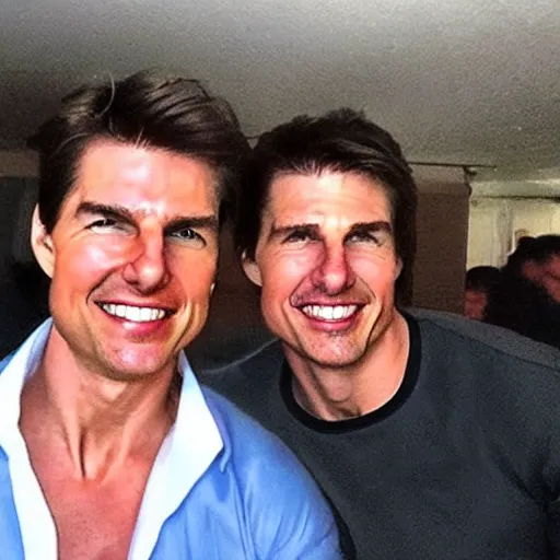 Image similar to just took a photo with a Tom Cruise look-alike, does he really look like Tom Cruise? viral photo, instagram photo, the camera flash is bright in his face,