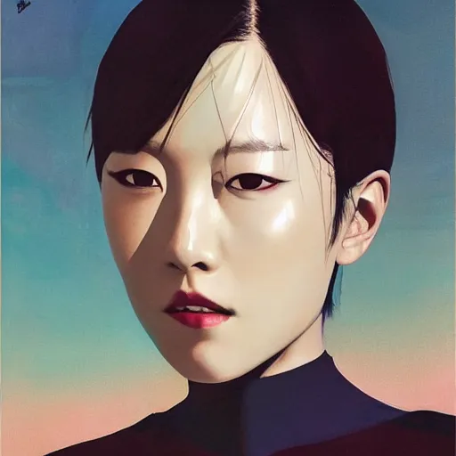 Prompt: Lee Jin-Eun by Vincent Di Fate, rule of thirds, seductive look, beautiful, in intergalactic hq