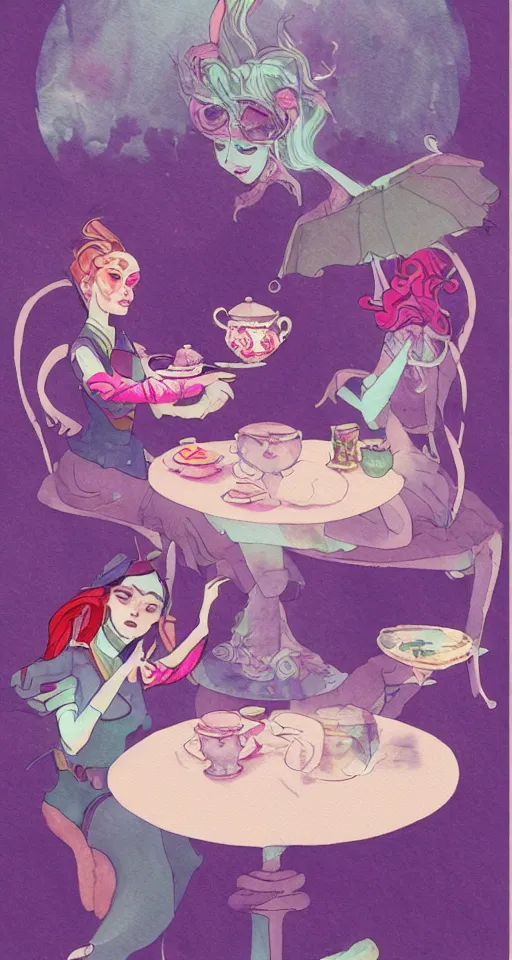 Image similar to soldier of chaos, mischief and beauty having tea alone at a table in a pastel fantasy land, surreal, glitched watercolor, chromatic abberation, trending on artstation, in the style of james jean feint, inspired by art nouveau