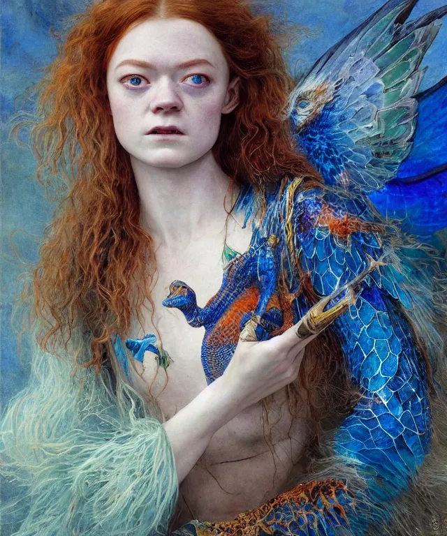 Prompt: a portrait photograph of a meditating fierce sadie sink as a colorful harpy hawk super hero with blue spotted skin with scales. her body is transforming into a alien amphibian. by donato giancola, hans holbein, walton ford, gaston bussiere, peter mohrbacher and brian froud. 8 k, cgsociety, fashion editorial