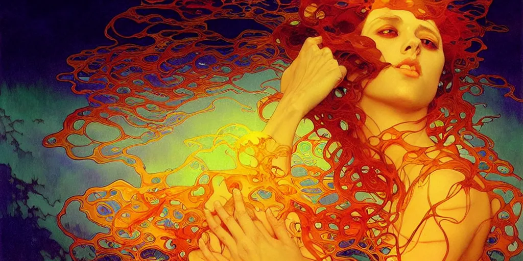 Prompt: transcendent mind bending indigo waves of glossy psychedelic liquid honey flowing like kaleidoscopic translucent amber, lsd waves, honey ripples, enlightenment, dramatic professional lighting, refracted sunset lighting, art by collier, albert aublet, krenz cushart, artem demura, alphonse mucha