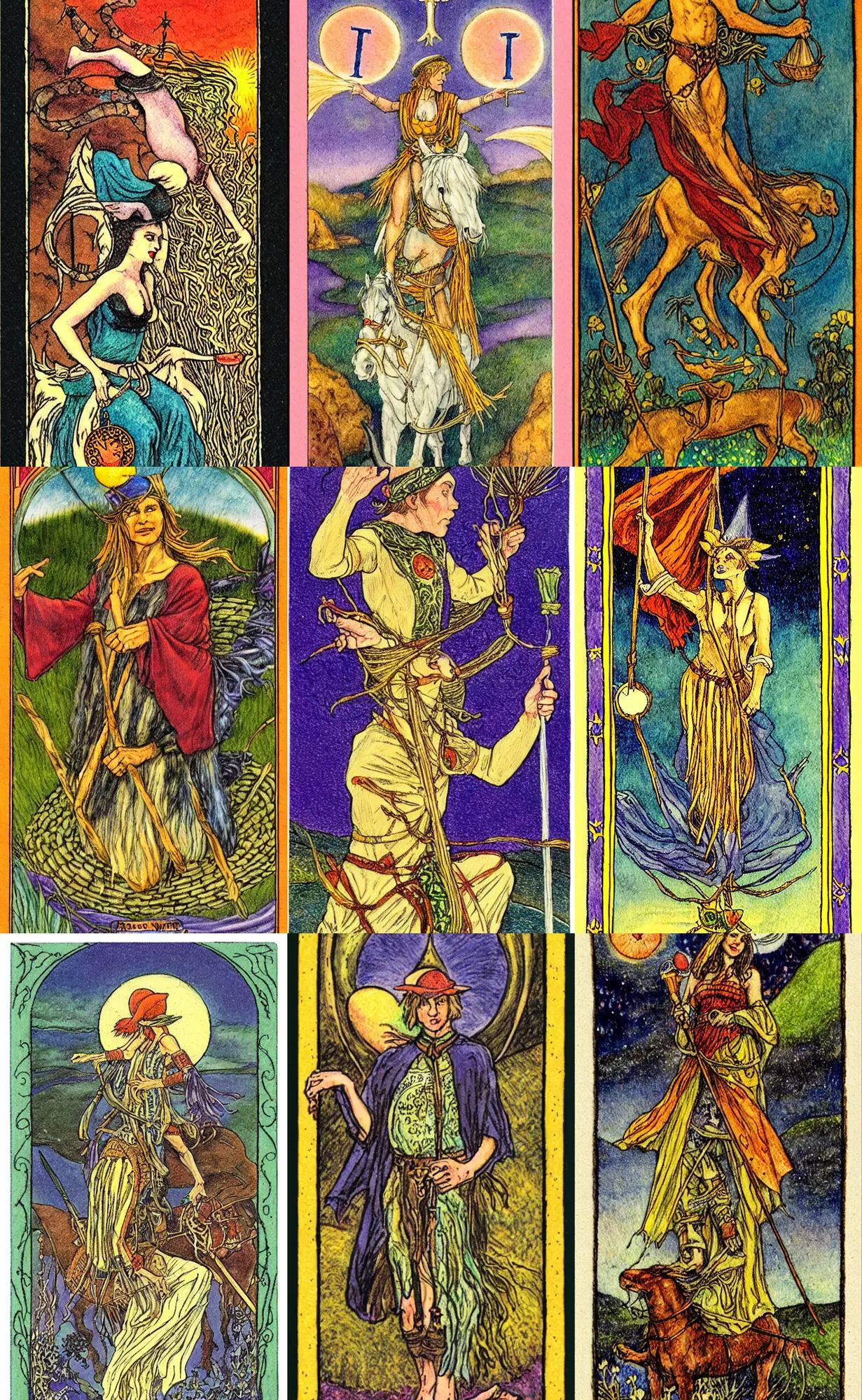 Prompt: rider waite tarot deck art the fool, art by pamela colman smith