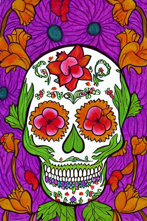 Image similar to Illustration of a sugar skull day of the dead girl, art by paul ranson