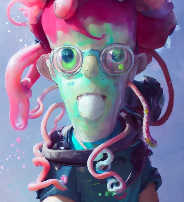 Image similar to a beautiful fullbody portrait of a cute splatoon anime boy with pink tentacle hair wearing tshirt leggings under shorts. character design by cory loftis, fenghua zhong, ryohei hase, ismail inceoglu and ruan jia. artstation, volumetric light, detailed, photorealistic, fantasy, rendered in octane