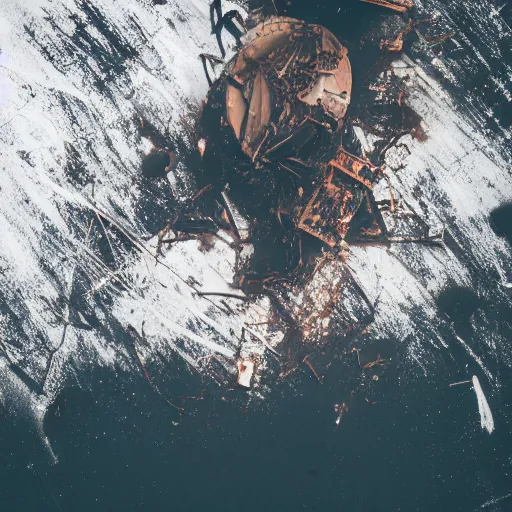 Image similar to airborne view, crashed cargo ship leaking mysterious black slime, black gooey liquid leaking out of crashed cargo ship, apocalyptic, ruined, container ship, crashed, 8 5 mm f / 1. 4