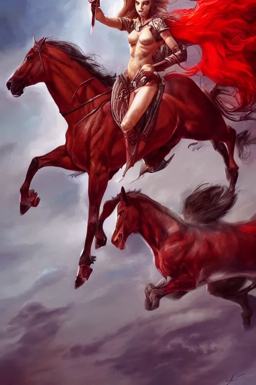 Image similar to the second horseman of the apocalypse riding a red stallion, horse is up on it's hindlegs, the rider looks carries a large sword, flames, artwork by artgerm and rutkowski, breathtaking, dramatic