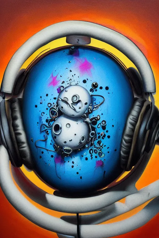 Image similar to hyperrealism surrealism acrylic painting, aerosol splashes on paper, close - up portrait of bowling ball - with big headphones and a mime sweater art by jeff soto