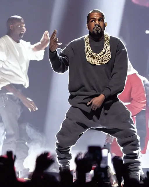 Image similar to kanye rapping on stage but his clothes are ten times too large for him