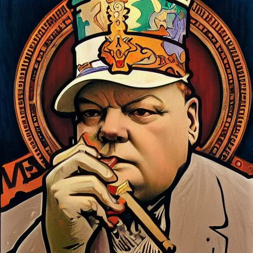 Prompt: alphonse mucha portrait of Winston Churchill as the God of War, smoking a cigar, detailed, stylized, realistic, deep hues, cool tones, dark, strong