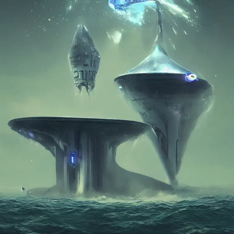 Prompt: mechanical spaceship called the nautilus dripping wet emerging from a the ocean, launching to space, big booster rocket engines, sci - fi concept art, by john harris, by simon stalenhag, stunning, award winning