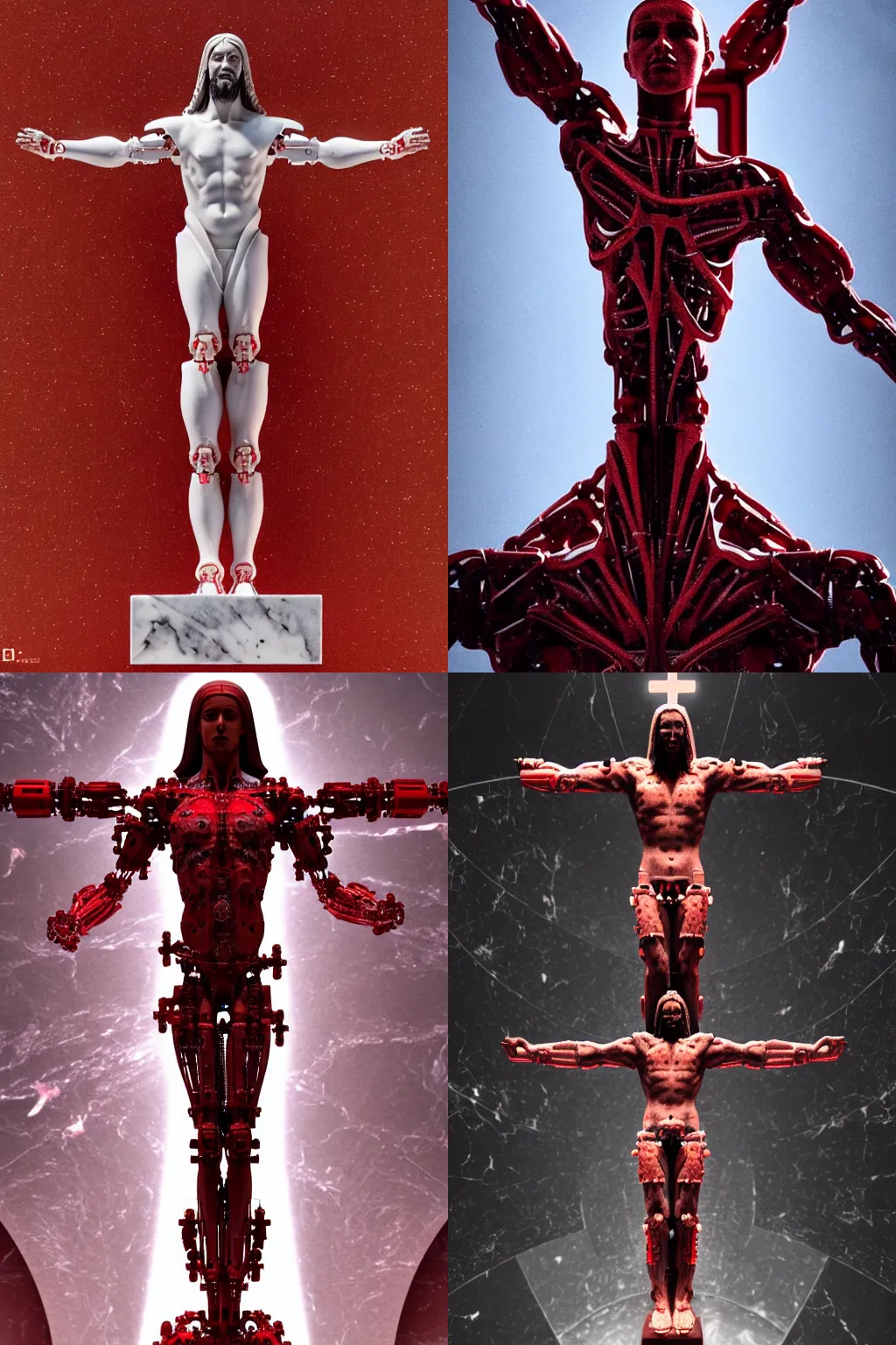 Prompt: a statue jesus on cross made of red marble, perfect symmetrical body, full body shot, white biomechanical, wearing epic bionic cyborg implants, high detailed space station interior, masterpiece, intricate, biopunk, vogue, highly detailed, artstation, concept art, background galaxy, cyberpunk, octane render