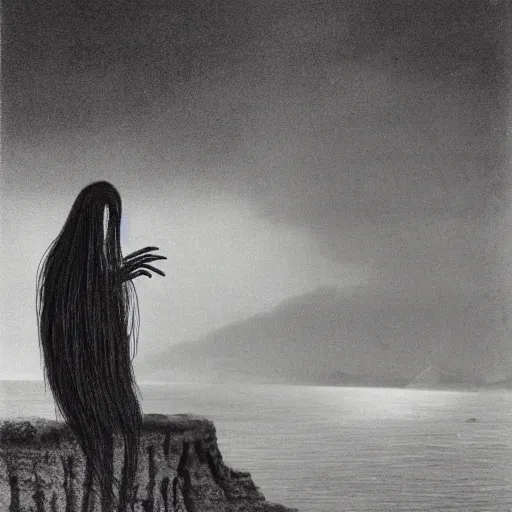 Image similar to A beautiful installation art of a human-like creature with long, stringy hair. The figure has no eyes, only a mouth with long, sharp teeth. The creature is standing on a cliff overlooking a dark, foreboding sea. by Walter Percy Day, by Norman Ackroyd balmy