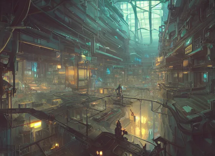 Prompt: inside a big cyberpunk manufactury, unreal engine, fantasy art by greg, loish, rhads, ferdinand knab, tom bagshaw, makoto shinkai and lois van baarle, rossdraws, ilya kuvshinov, night lighting, trending on studio ghibli, highly detailed, 8 k, octane render