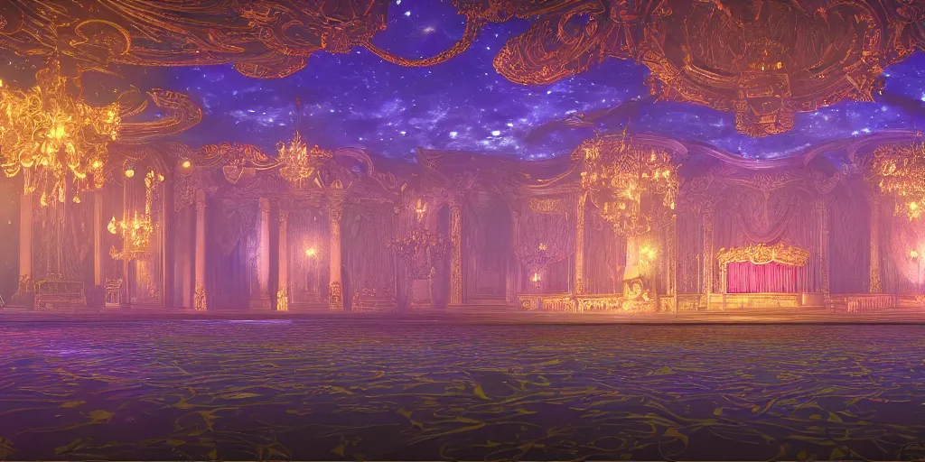 Image similar to high fantasy ballroom stage design, trending on Artstation, regal seating, intricate cosmic illustrations, 8k Unreal Engine 5 render, rule of thirds, immersive starry ceiling, floral architecture