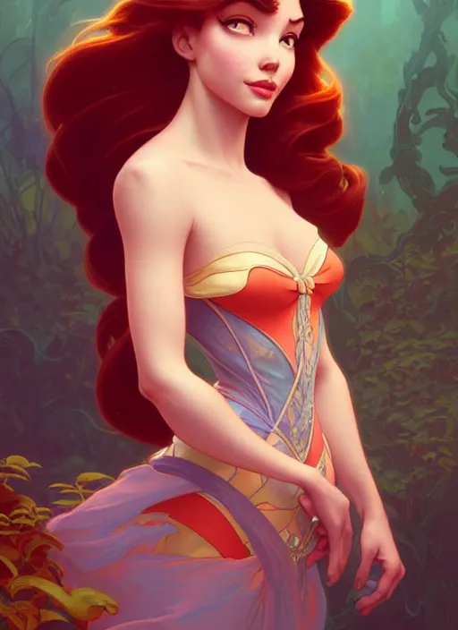 Image similar to portrait of disney ariel, intricate, elegant, highly detailed, my rendition, digital painting, artstation, concept art, smooth, sharp focus, illustration, art by artgerm and greg rutkowski and alphonse mucha and uang guangjian and gil elvgren and sachin teng, symmetry!!