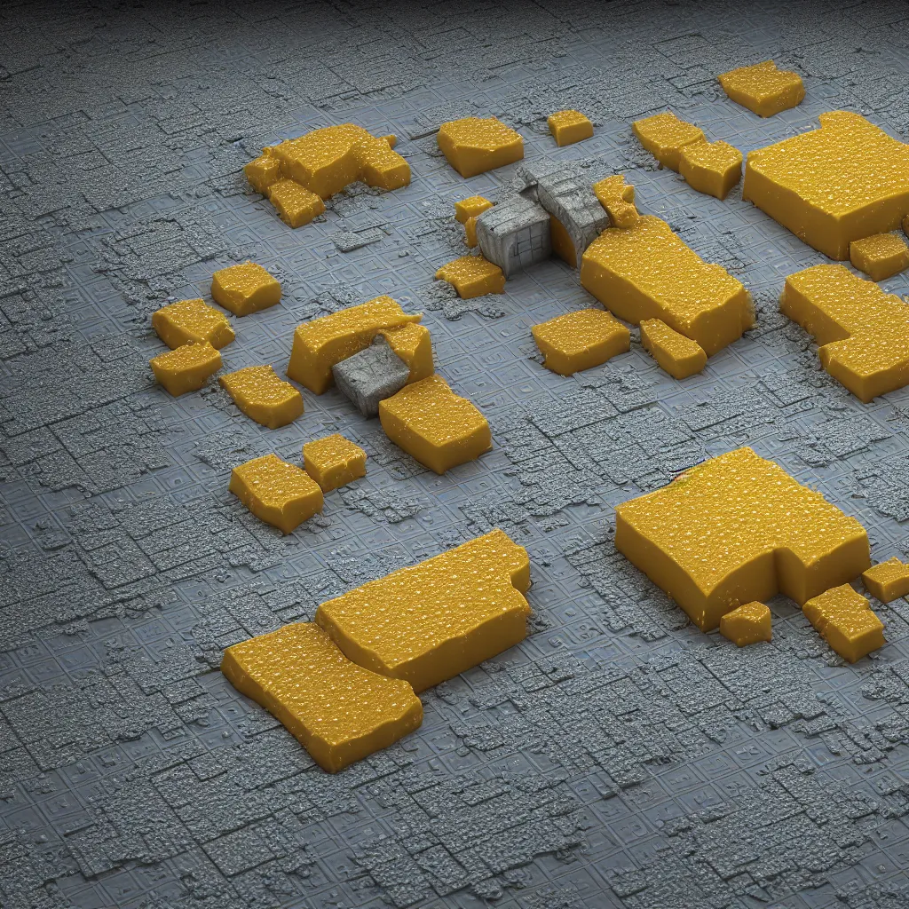 Image similar to A realistic big house made of molten cheese and fractal crystals, photorealistic, octane render,