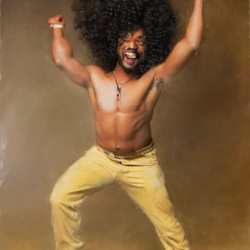 Prompt: black man with curly hair dancing inside a equipped photography studio by himself, intricate details, happy, impressionist painting, figurative painting