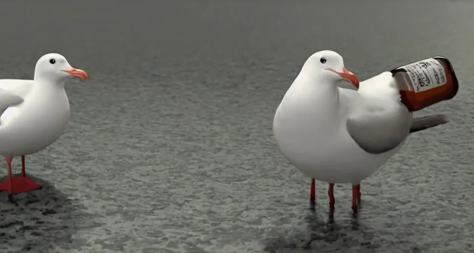 Prompt: seagull drinking a bottle of soy sauce, clay animation, highly detailed