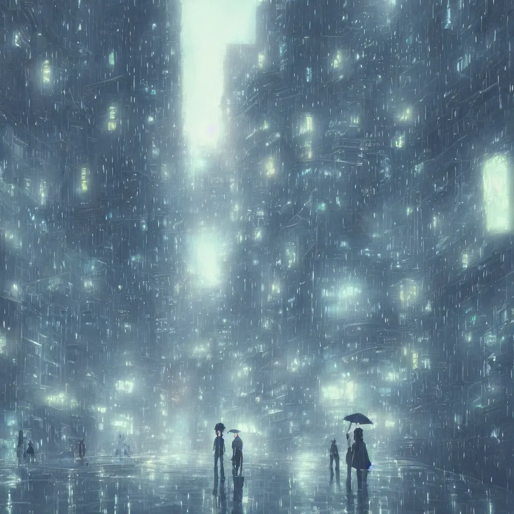 Image similar to illustration of beautiful anime city by Makoto Shinkai, it is raining and foggy