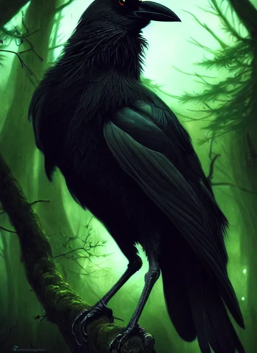 Image similar to side portrait dark crow (animal), close-up, fantasy forest landscape, moonshine, fantasy magic, nice black feather, proud, green dark light night, intricate, elegant, sharp focus, illustration, highly detailed, digital painting, concept art, matte, art by WLOP and Artgerm and Greg Rutkowski and Eddie Mendoza, masterpiece