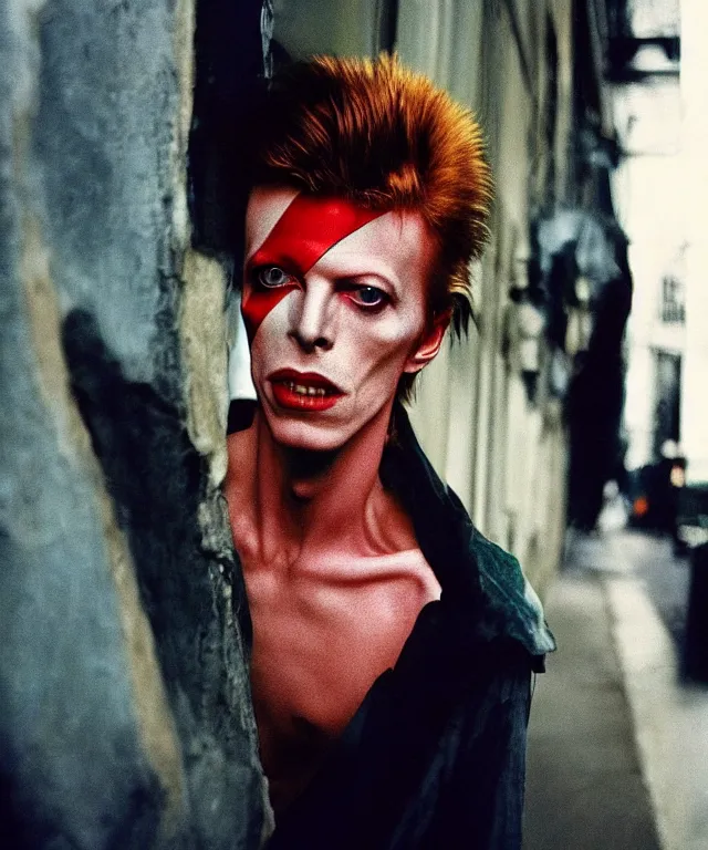 Image similar to a color photograph of david bowie, by nan goldin, intense, bold, exaggerated, overblown, hyperrealistic, ultra sharp, extra details, ultra high quality, trending on pinteresst