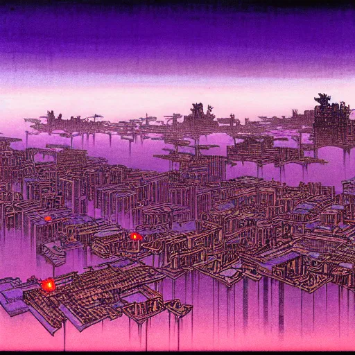 Image similar to purple cyberpunk city, by Hokusai and Beksinski