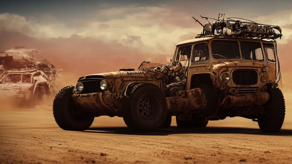 Image similar to illustration of mad max's fj 4 0 pursuit special, the last v 8 interceptor driving down to the gates of valhalla highway, fury road, eternal shiny and chrome, world of fire and blood, by makoto shinkai, ilya kuvshinov, lois van baarle, rossdraws, basquiat, studio ghibli, global illumination ray tracing hdr