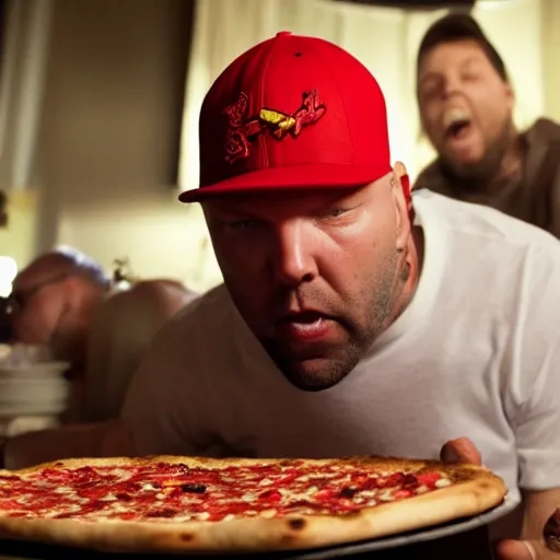 Prompt: fred durst puking on a pizza at a birthday party, woman looking disgusted in the background, 4 k,