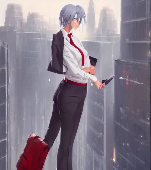 Image similar to a girl in a business suit, close up, sharp focus, red necktie, grey hair, happy expression, full body shot, pixiv, city background, digital painting, by tran ross and jordan grimmer and greg rutkowski, anime art, artstation, hd, smooth,