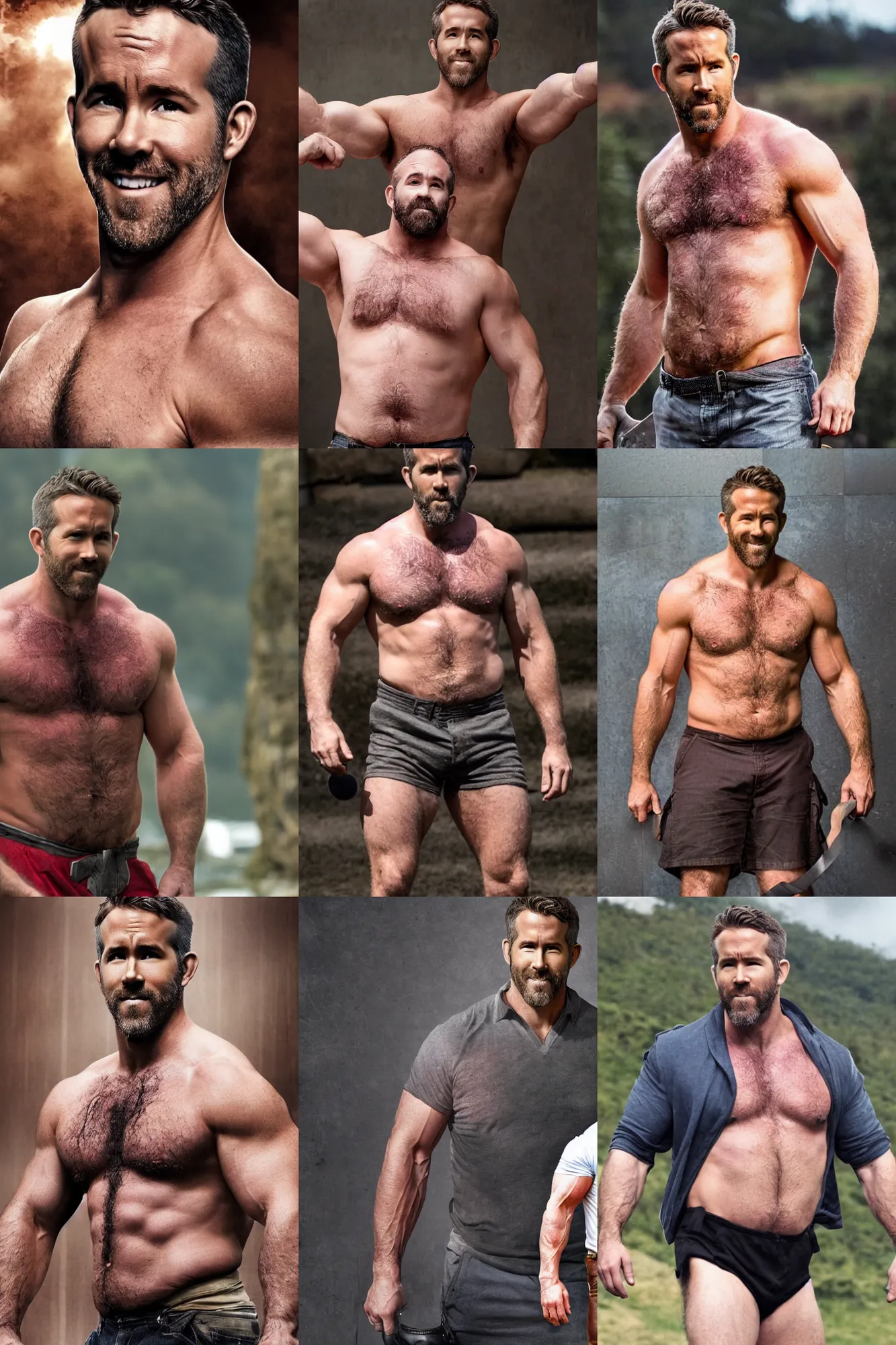 Prompt: ryan reynolds as a burly padded strongman, dad energy, masculine, hairy torso, 4 k hd