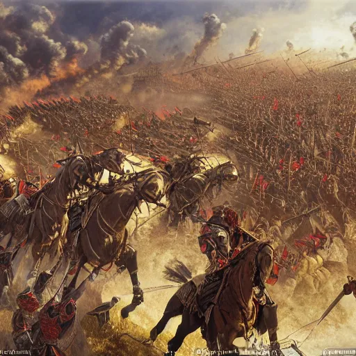 Image similar to an extremely detailed matte painting the winged hussars charging ottoman artillery, chaotic gun fire, heroic charge, last stand, 8 k, sharp focus, ultrawide lens, aerial photography, art by greg rutkowski and alphonse mucha