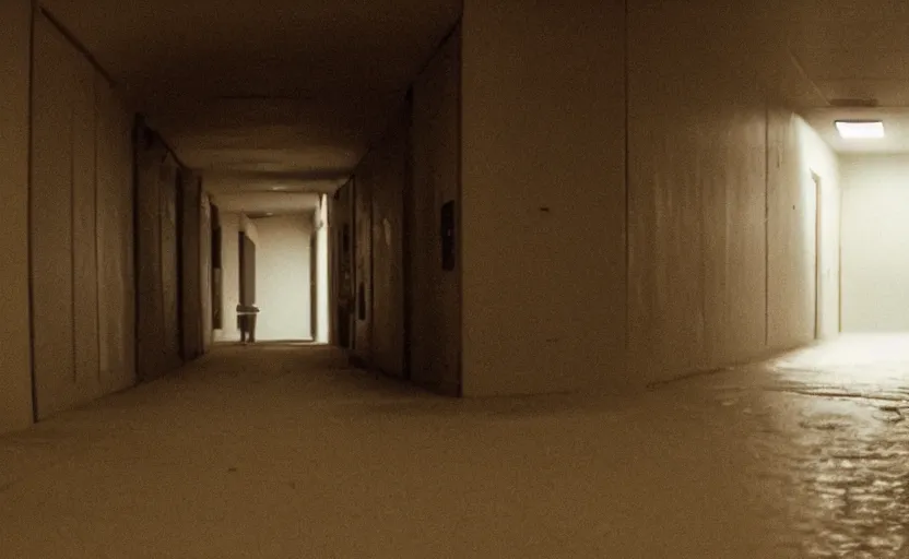 Prompt: ominous found footage screencap of a dark hallway with saul goodman standing at the end of it