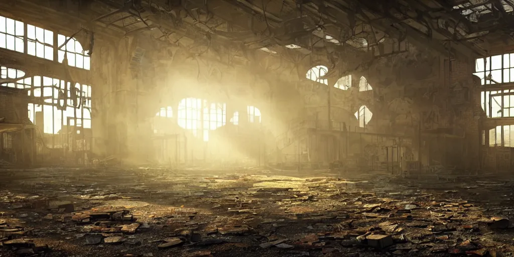 Image similar to fallout 5, indoors dilapidated partially ruined factory interior, rusted machinery, atmospheric lighting, painted, intricate, volumetric lighting, beautiful, daytime, sunny weather, slight overcast, golden hour, sharp focus, deep colours, ultra detailed, by leesha hannigan, ross tran, thierry doizon, kai carpenter, ignacio fernandez rios