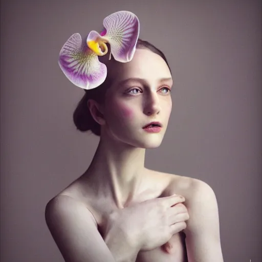 Image similar to long shot kodak portra 4 0 0, 8 k, volumetric lighting, highly detailed, britt marling style 3 / 4 fine art portrait photography in style of paolo roversi, orchid, orchid flower human hybrid, 3 d render 1 5 0 mm lens, art nouveau fashion royal details, elegant hyperrealistic ultra detailed, 8 k