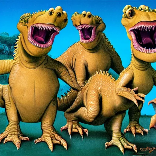 Prompt: a group of pachycephalosaurus laughing about something, dinsosaurs, roger dean