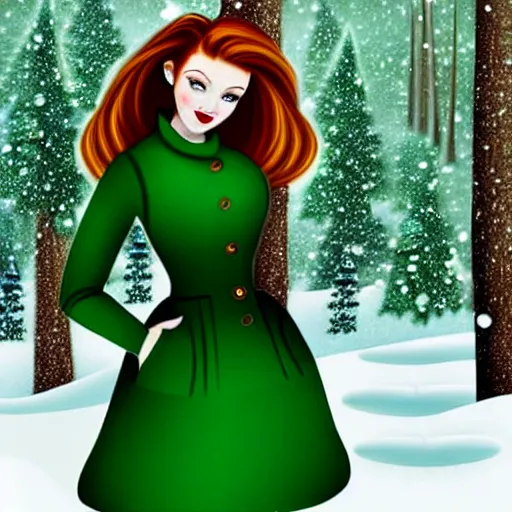 Image similar to redhead women in a green dress, with pockets, photorealistic, winter scenario