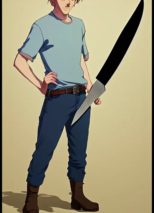 Image similar to art young lenin with giant knife \, light blue eyes, pale skin, freckles, sad expression, t - shirt, modern casual clothing, natural lighting, path traced, highly detailed, high quality, cartoon, digital painting, by don bluth and ross tran and studio ghibli and alphonse mucha