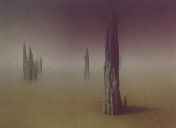 Prompt: the misty landscapes of dementia, abstract shapes and incomprehensible objects, uncanny landscape, familiar and yet foreign, uncertainty, painted by Caspar David Friedrich and Zdzislaw Beksinski