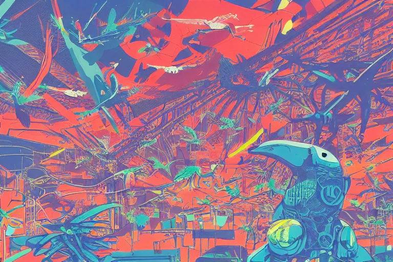 Prompt: risograph, gigantic mecha arzach birds with dragonflies, tiny rats, a lot of exotic animals around, big human faces everywhere, helicopters and tremendous birds, by satoshi kon and moebius, matte summer blue and neon orange colors, surreal psychedelic design, crispy, super - detailed, a lot of tiny details, 4 k, fullshot