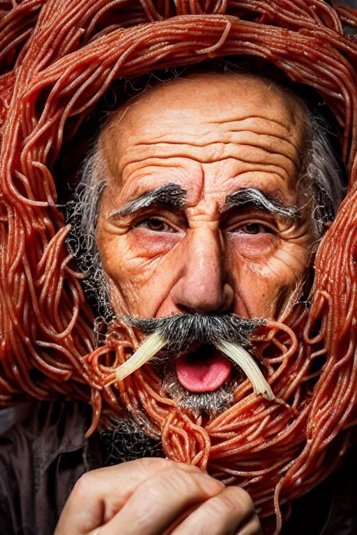 Image similar to extremely detailed portrait of old italian cook, spaghetti mustache, slurping spaghetti, spaghetti in the nostrils, spaghetti hair, spaghetti beard, huge surprised eyes, shocked expression, scarf made from spaghetti, full frame, award winning photo by jimmy eolo perfido