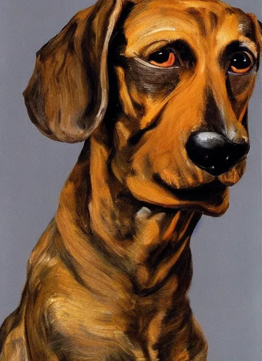 Image similar to Old dachshund, painted by Lucian Freud, very detailed, 8k