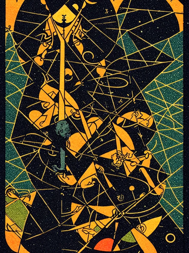 Image similar to life of ash, flat, granular gradient, dark theme, color blocks, tarot nouveau, the occult + work of kazuma nigai + tarot card